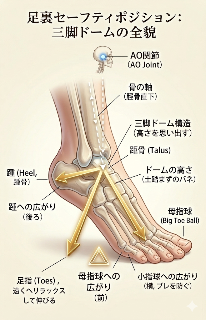 「バレエの足裏三脚ドームとAO関節の構造解説図」