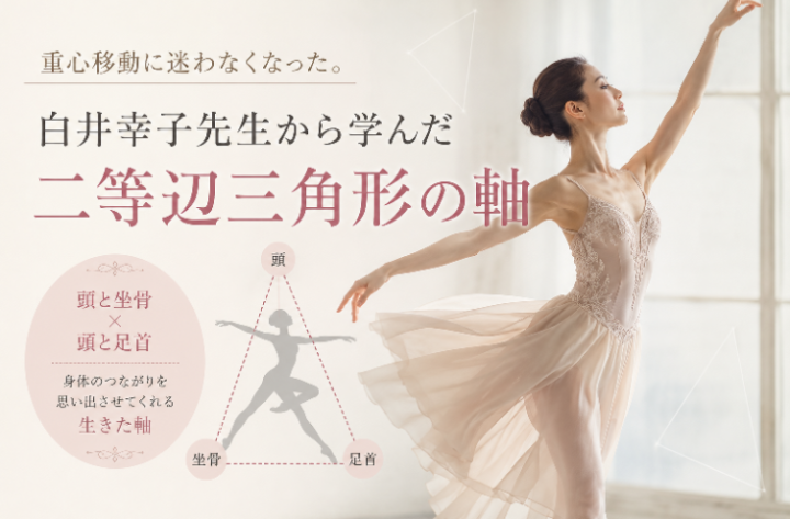 「白井幸子先生から学んだ二等辺三角形の軸」の文字と、踊るバレリーナのイラスト