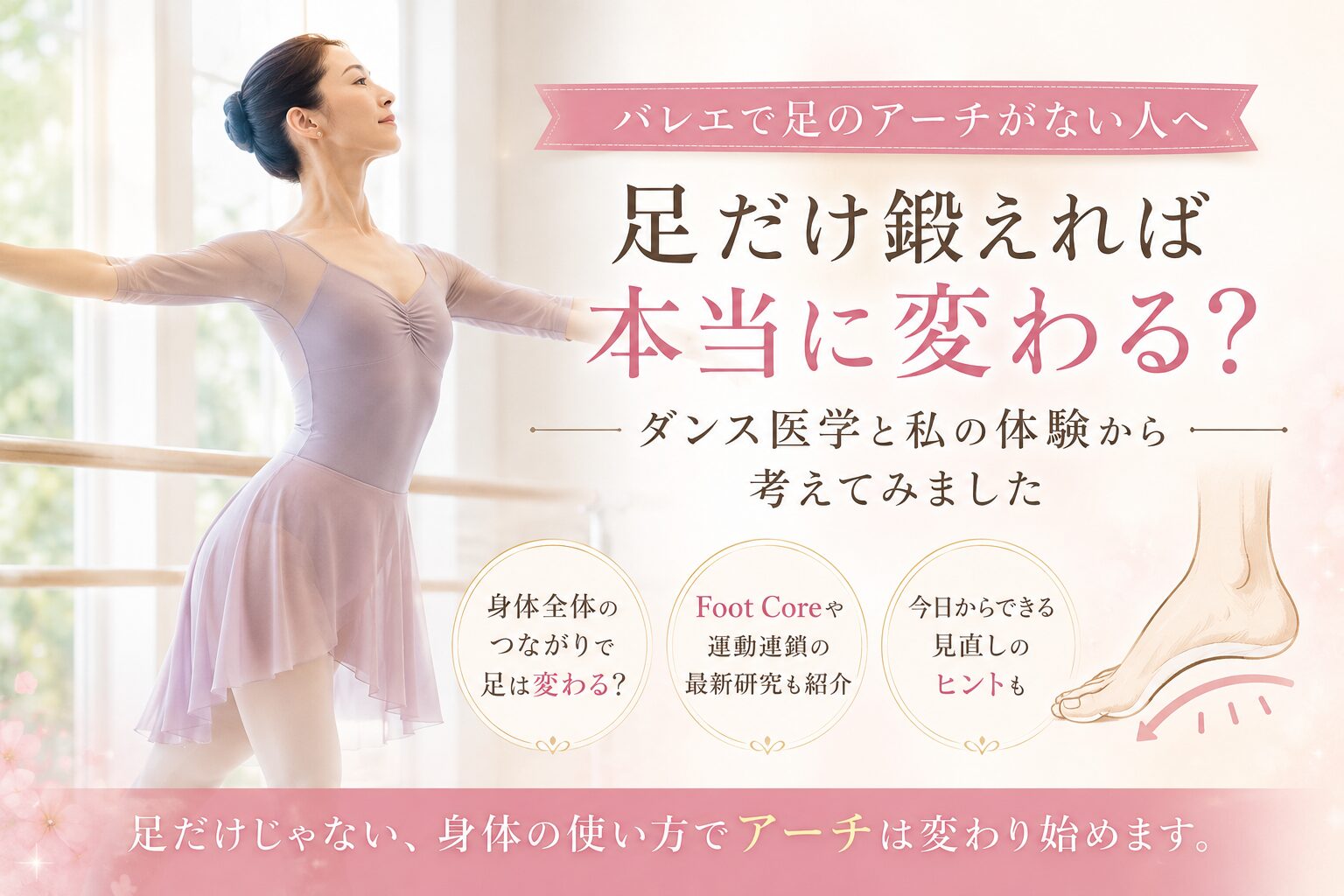 「バレエで足のアーチに悩む人へ。身体全体のアライメントと重心の関係を表したイメージ」