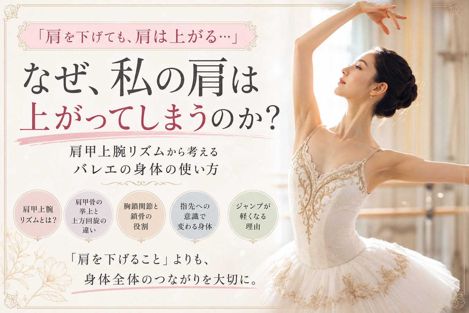 肩甲上腕リズムを意識した美しいポールドブラを行うバレリーナ。肩甲骨の上方回旋と身体全体の協調をイメージしたアイキャッチ画像。